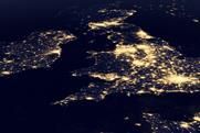United Kingdom at night in the earth planet rotating from space