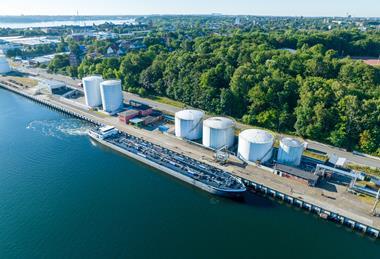 Aerial view of oil tankers moored at an oil storage silo termina